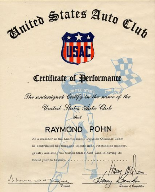 United States Auto Club Certificate of Performance