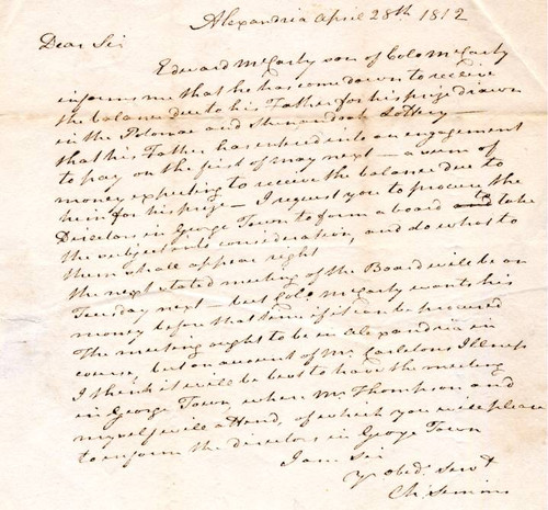 Potomac and Shenandoah Navigation Lottery letter signed by Col. Charles Simms - 1812 Potomac and Shenandoah Navigation Lottery letter signed by Col. Charles Simms - 1812