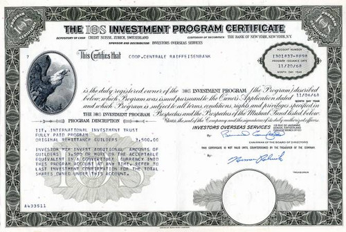 IOS Investment Program Certificate ( Bernie Cornfeld as Chairman) - 1968