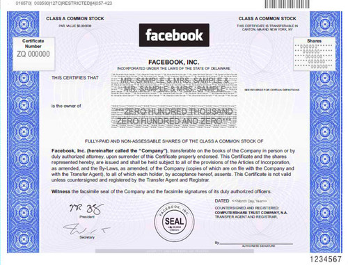 Facebook Stock Certificate - IPO 2012