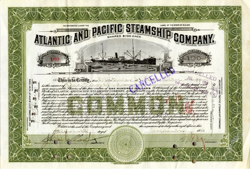 Atlantic and Pacific Steamship Company signed by Joseph. P. Grace  of W. R. Grace and Co. - Maine 1916