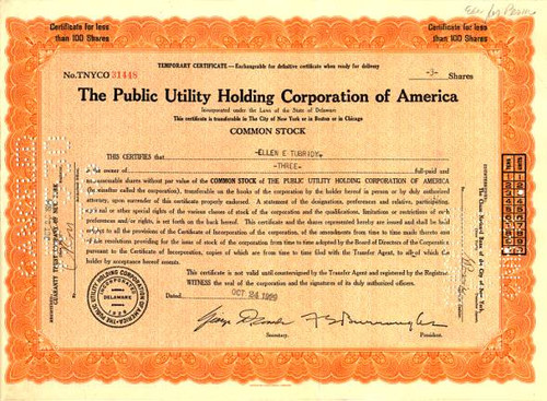 Public Utility Holding Corporation of America dated October 24, 1929 - First Day of Market Crash (Black Thursday)