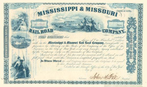 Mississippi & Missouri Rail Road Company signed by General and Governor John Dix