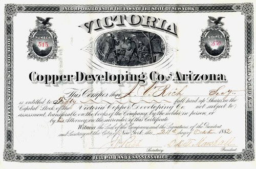 Victoria Copper Developing Co. of Arizona - Pinal. Pioneer. Arizona - 1882