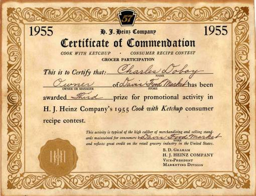 H.J. Heinz Company's 1955 "Cook With Ketchup Contest Certificate" Third Place Prize