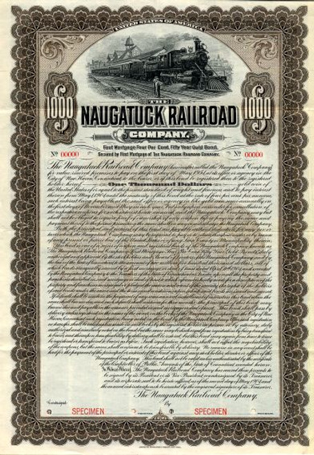 Naugatuck Railroad Company $1000 Specimen Gold Bond - Connecticut 1904