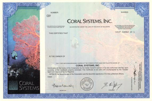 Coral Systems, Inc  Specimen Stock Certificate  (Acquired by  Lightbridge )