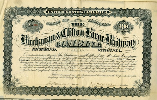 Buchanan & Clifton Forge Railway Company signed by John W. Johnston, Confederate States Major- Virginia 1877