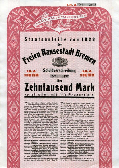 Staatsanleihe von 1922 der Freie Hansestadt Bremen Schuldverschreibung(Free Hanseatic City of Bremen) -  Germany 1922