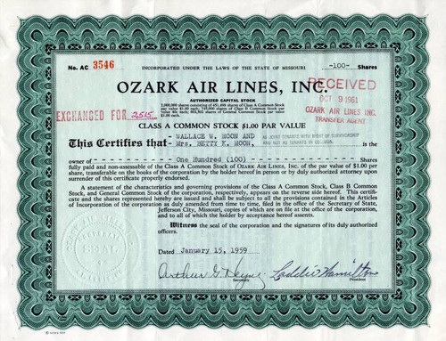 Ozark Air Lines, Inc. issued to Dodger Great, Wally Moon -  Missouri 1959