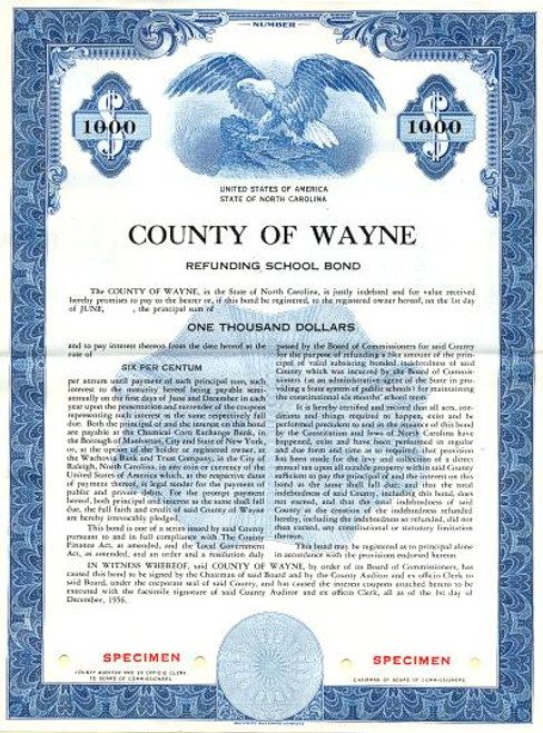 County of Wayne Refunding School Bond - North Carolina 1959