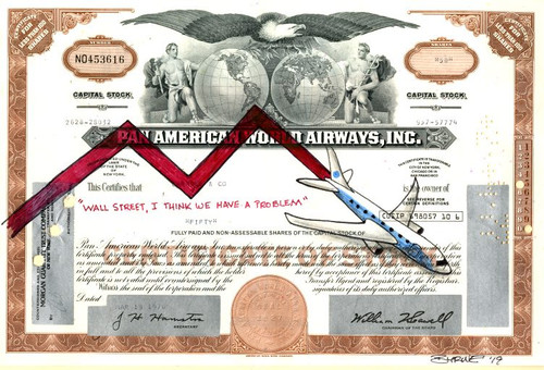 Authentic Pan American Stock Certificate with Original Drawing by Award Winning Artist, Robert Byrne " Wall Street, I think we have a problem" Authentic Pan American Stock Certificate with Original Drawing by Award Winning Artist, Robert Byrne " Wall Street, I think we have a problem"