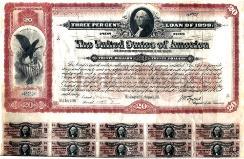 Spanish American War Bond - United States of America.  Three Percent Loan of 1898 - Sold - We want to Buy