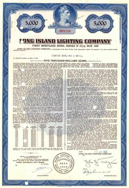 Long Island Lighting Company $5,000 Bond ( Now Long Island Power Authority ) - New York