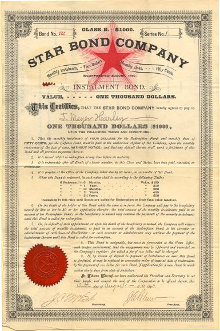 Star Bond Company (Installment Bond)  - 1890