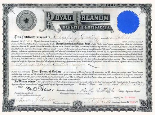 Royal Arcanum Benefit Certificate 1892