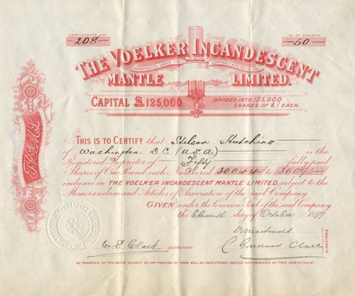 Voelker Incandescent Mantle Limited -  England 1899
