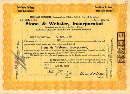 Stock Market Crash Certificate issued on October 29, 1929 Black Tuesday - Stone & Webster, Incorporated