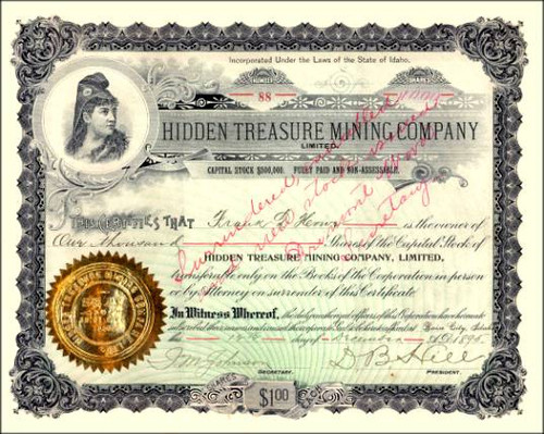 Hidden Treasure Mining Company (Over 122 years old) - Boise City, Idaho 1895