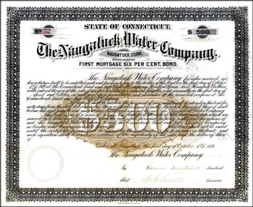 Naugatuck Water Company 1889 - Gold gilded printing - Connecticut