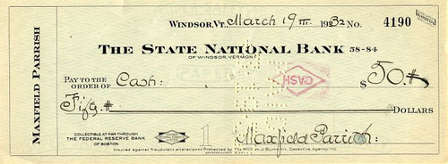 Maxfield Parrish handsigned Check issued in 1932