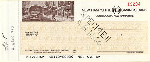 New Hampshire Savings Bank Check  - Contoocook, New Hampshire