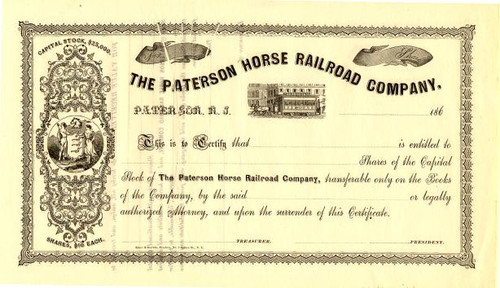 Paterson Horse Railroad Company - Incorporated in 1863 - New Jersey