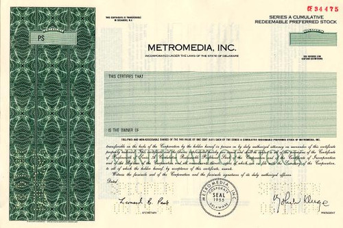 Metromedia, Inc. (Became Fox Television Network) John Kluge as President - Delaware 1984