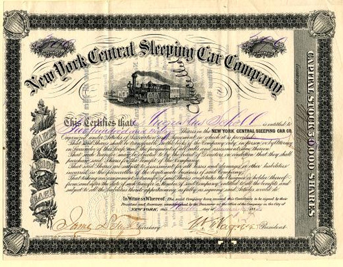 New York Central Sleeping Car Company issued to Augustus Schell - New York 1882