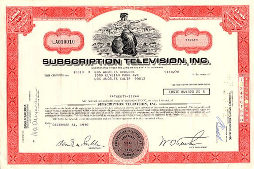 Subscription Television Stock Certificate issued to the Los Angeles Dodgers - Delaware 1970