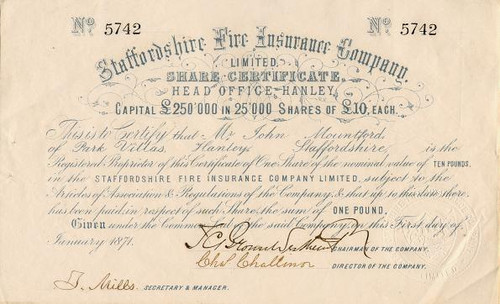 Staffordshire Fire Insurance Company - England 1871