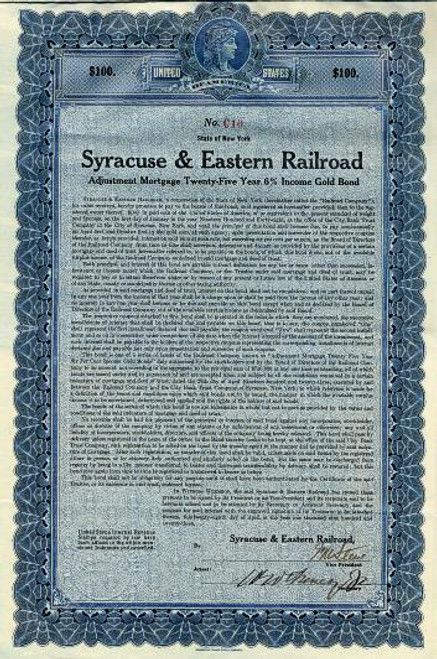 Syracuse & Eastern Railroad (Gold Bond) - New York 1923