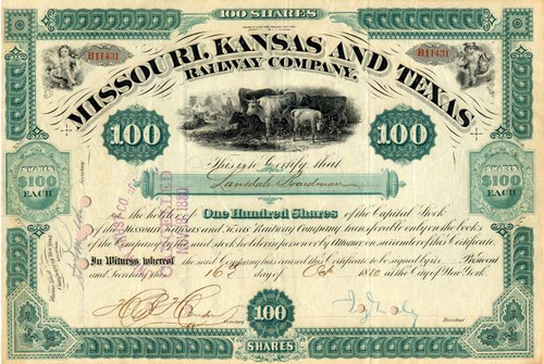 Missouri, Kansas and Texas Railway Company signed by  Robber Barron Jay Gould as President - New York 1880