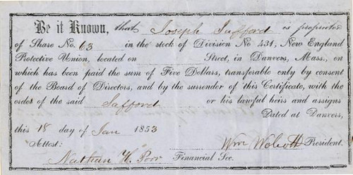 New England Protective Union Stock Certificate - Massachusetts 1853
