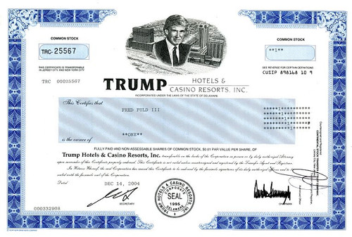 Trump Hotels and Casino Resorts Stock Certificate (Pre Bankruptcy)  - Donald Trump as Chairman - 1998 - Sold