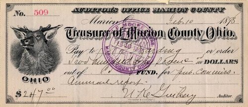 Treasurer of Marion County Ohio check signed by U.S. President Warren G. Harding  - Ohio 1898