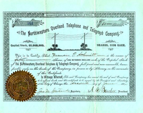 Northwestern Overland Telephone and Telegraph Company - Illinois 1884