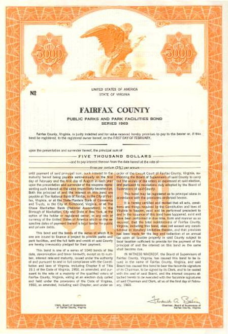 Fairfax County Pubic Park Bond - Virginia 1969