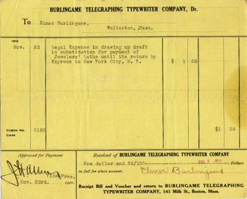 Burlingame Telegraphing Typewriter Company signed by Elmer Burlingame - Wollaston Massachusetts 1910