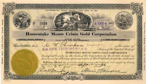 Homestake Monte Cristo Gold Corporation - Esmeralda County, Nevada 1926