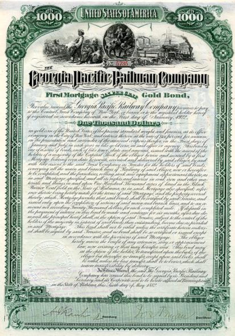 Georgia Pacific Railway Company Gold Bond - Birminham, Alabama 1882