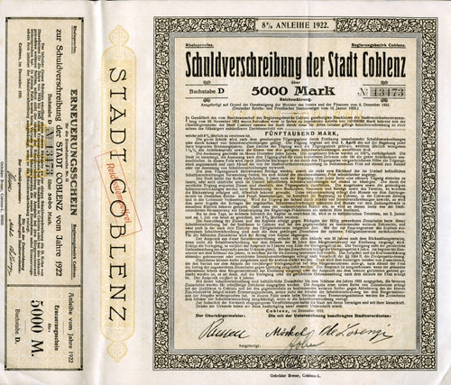 Original Germany Loan 1922 8% Bond City Stadt Coblenz Koblenz 5000 Marks Uncancelled