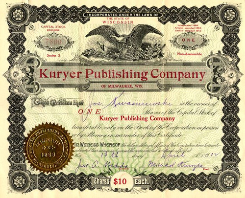 Kuryer Publishing Company (First Polish Newspaper in U.S.)  signed by Michael Kruszka - Milwaukee, Wisconsin 1913