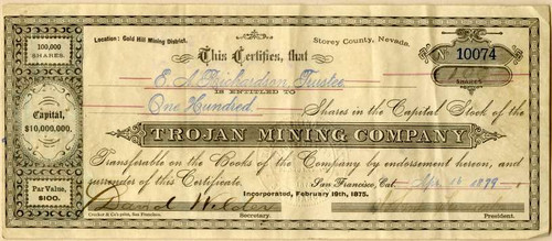 Trojan Mining Company - Gold Hill Mining District. Storey County, Nevada - 1879