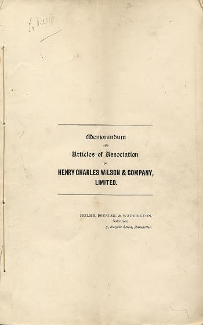 Henry Charles Wilson & Co  (Wilson's Brewery) Memorandum and Articles of Association - Newton Heath, Manchester, England 1894