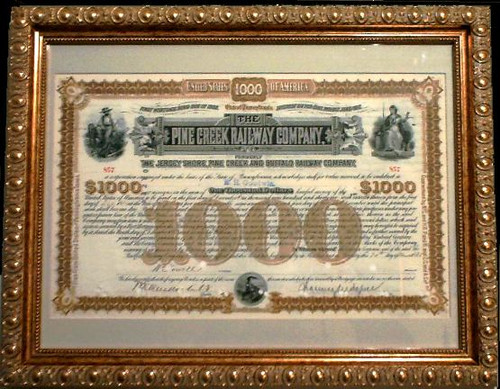 Framed Pine Creek Railway Company Bond hand signed by William K. Vanderbilt - 1885