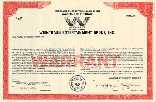 Weintraub Entertainment Group, Inc.(Jerry Weintraub as President)  - Delaware 1988