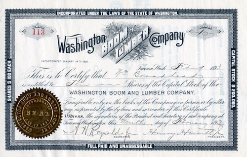 Washington Boom and Lumber Company  signed by Henry Hewitt Jr. (Founded Everett)  - Tacoma, Washington 1893