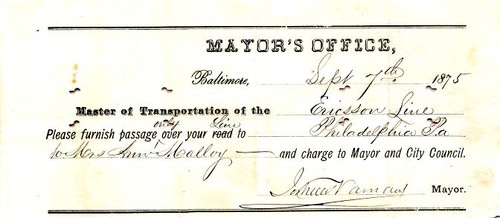 Check issued to Ericsson Line signed by Mayor - Baltimore, Maryland 1875