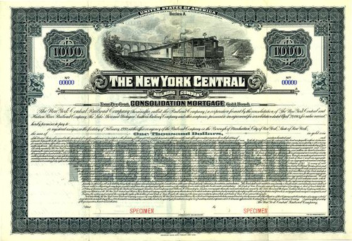 Lot of 2 Vanderbilt 1930s New York Central Railroad Company Stock Certificates 